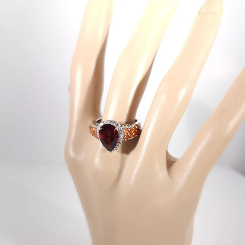 Brazilian Red Citrine Pear and Fire Opal Ring Size 8